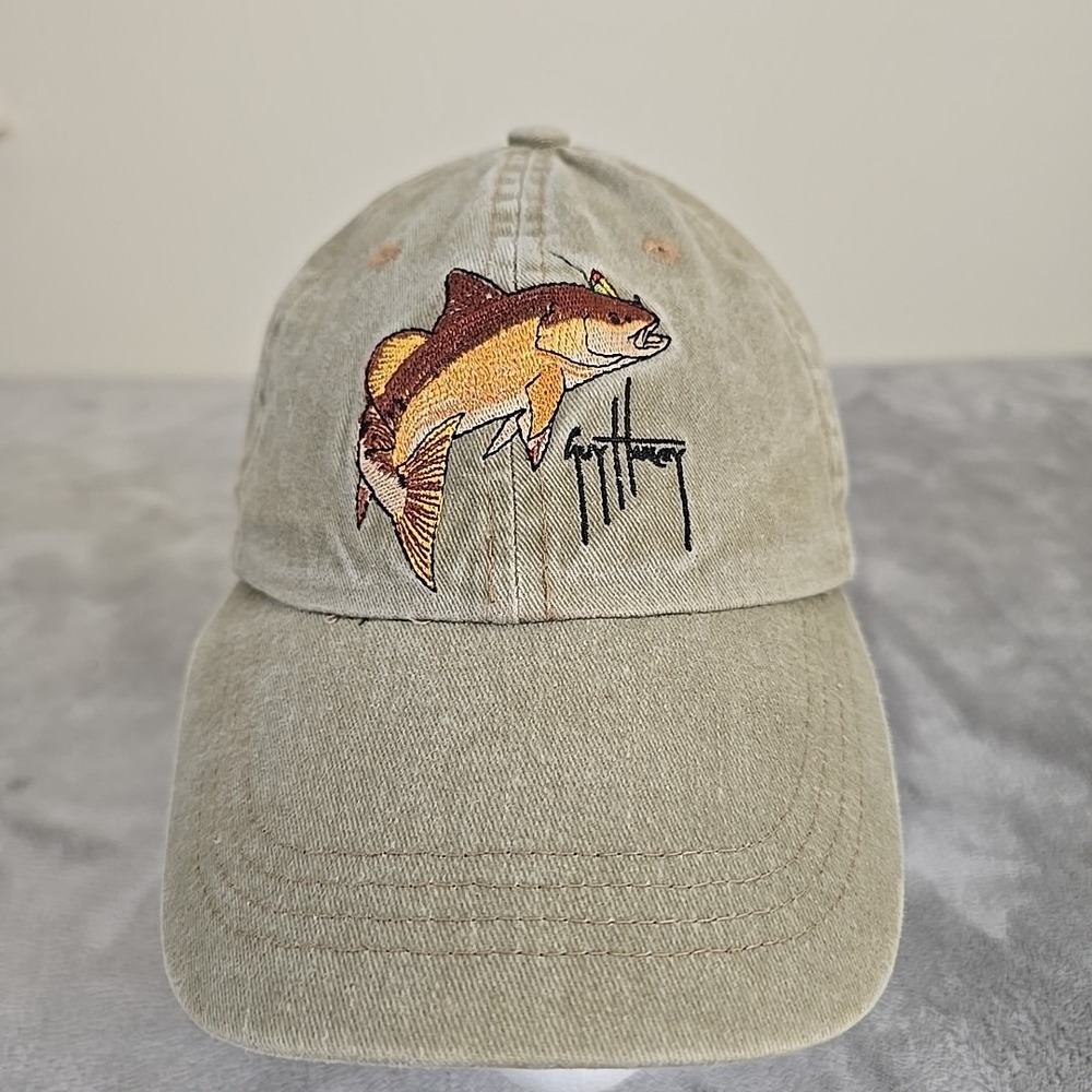 Vintage Guy Harvey Hat Mens Adjustable Tan Signature Trout Fishing Cap Gorpcore